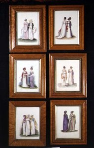 Sechs Miniaturen, die späte 18. und frühe 19. Jahrhundert Damenmode darstellen, ca. 1825 von English School