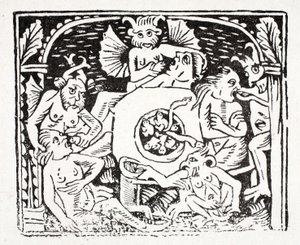 Sechstes: Lazarus beschreibt, was er in der Hölle gesehen hat - ein Tal mit einem stechenden Fluss, der mit Blasen überläuft, wo die Gefräßigen Kröten und andere giftige Kreaturen fressen