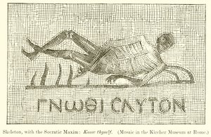 Skelett mit dem sokratischen Spruch: Erkenne dich selbst (Mosaik im Kircher Museum in Rom)