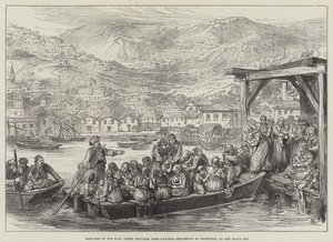 Kriegsskizzen, griechische Flüchtlinge aus Kavarna gehen in Baltschik, am Schwarzen Meer, an Bord (Stich) von English School