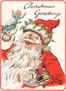 Lächelnder Weihnachtsmann hält Spielzeug, Weihnachtskarte von English School