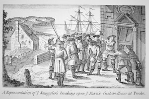 Schmuggler brechen das Zollhaus des Königs in Poole, Dorset, auf von English School