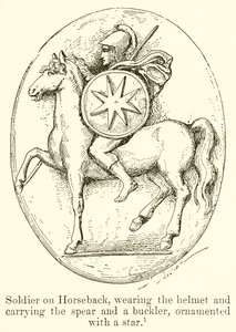 Soldat zu Pferd, mit Helm und Speer und Schild, verziert mit einem Stern