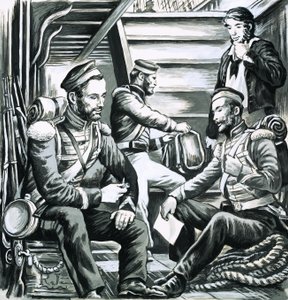 Soldaten unter Deck im Gespräch von English School
