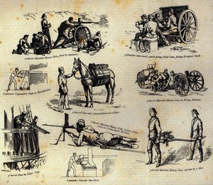 Einige Varianten der Nordenfelt-Kanone, wie sie jetzt in der Armee und Marine verwendet werden, aus The Graphic, 10. April 1886 von English School