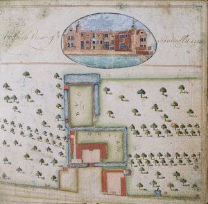Südansicht von Kentwell Hall, aus der Vermessung des Anwesens von Richard Moore, Esq. Kentwell Hall, Suffolk, 1777