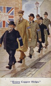 Sonderpolizisten in einer Propagandapostkarte aus dem Ersten Weltkrieg