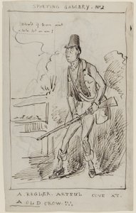Sportgalerie Nr. 2, Ein Regler, Artful Cove bei einem Old Crow, ca. 1825 (Feder und Tinte auf Papier) von English School