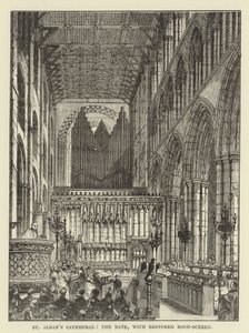 St Albans Kathedrale, das Kirchenschiff, mit restauriertem Lettner von English School