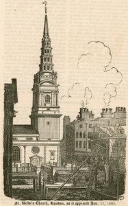St Brides Kirche, Fleet Street, London, wie sie am 11. Januar 1825 erschien von English School