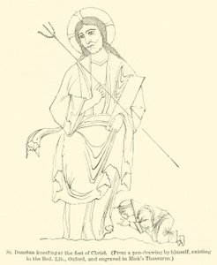 St. Dunstan kniet zu den Füßen Christi, aus einer Federzeichnung von ihm selbst, existierend in der Bodleian Library, Oxford, und graviert in Hick