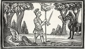 St. Georg mit dem Drachenkopf, Illustration aus Chap-books des achtzehnten Jahrhunderts von John Ashton, veröffentlicht 1882