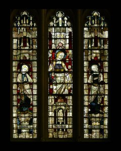 St. Maria und St. Johannes mit einer zusammengesetzten weiblichen Heiligen in der Mitte, späte 14. Jahrhundert von English School