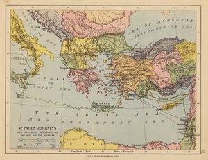 Die Reisen des Paulus und die in den Apostelgeschichten und Briefen erwähnten Orte (Farblithografie) von English School