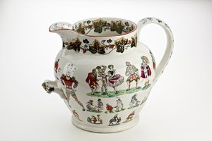 Staffordshire Krug mit Harlekinfiguren und Karnevalsthema dekoriert, 1866