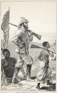 Stanley nähert sich dem Tanganjikasee, Illustration aus der Bildausgabe des Lebens und der Entdeckungen von David Livingstone von J. Ewing Richie, veröffentlicht von A. Fullarton & Co., 1876 von English School
