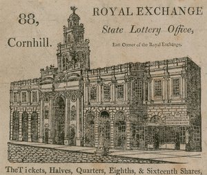 Staatslotteriebüro, östliche Ecke der Royal Exchange, 88 Cornhill, London von English School