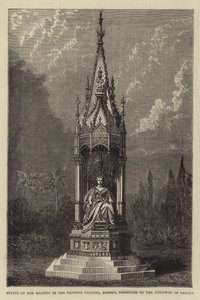 Statue Ihrer Majestät in den Victoria Gardens, Bombay, geschenkt vom Guicowar von Baroda (Stich) von English School