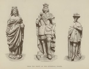 Statuen von Königin Elizabeth I., König Charles I. und König Edward VI. vor der Guildhall Chapel, City of London von English School