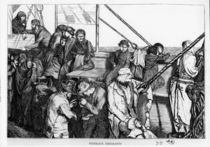 Zwischendeck-Auswanderer auf dem Deck eines Passagierschiffs von Europa in die Neue Welt, um 1870 von English School