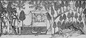 Steinrelief eines Tempels und eines künstlichen Hügels im Park von Sargon II in Khorsabad, ca. 715 v. Chr. von English School