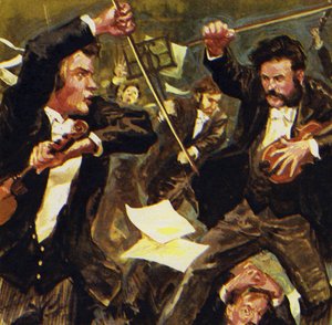 Strauss traf drei andere Geiger, aber sie gerieten bei einem Konzert in Streit von English School