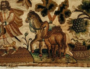 Stumpwork darstellend eine biblische Szene, ca. 1650 (Detail) von English School