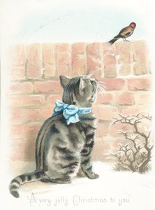 Getigerte Katze beobachtet Fink auf Mauer, Weihnachtskarte von English School