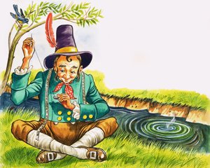 Schneider, der an einem Bach näht von English School