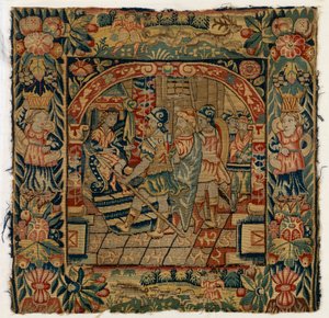 Wandteppichkissenbezug, der die Ältesten vor Daniel darstellt, hergestellt in Sheldon, England, nach 1600