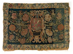 Langer Wandteppich-Kissenbezug mit den Wappen von Walter Jones und seiner Frau Eleanor Pope, möglicherweise hergestellt in Sheldon, England, nach 1600 von English School