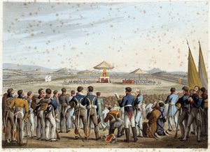 Te Deum auf dem Schlachtfeld in "Historical, military and naval anecdotes and incidents that arrived at the arms of Britain and their allies, ending at Waterloo" von Edward Orme. Illustriert von Fry, Sutherland, Clark, Dubourg, W.Heart, JA, Atkinson... Ed.