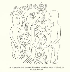 Versuchung von Adam und Eva, auf dem Taufbecken in Cowlam von English School