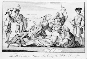 Der fähige Doktor oder Amerika schluckt den bitteren Trank, veröffentlicht im London Magazine, 1. Mai 1774