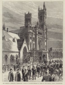 Die amerikanische Jahrhundertfeier, Parade der Tempelritter vor dem Freimaurertempel, Philadelphia (Gravur) von English School