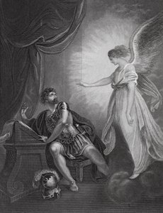 Der Engel erscheint Cornelius, Apostelgeschichte, Kap. 10, Vers 4 (Gravur) von English School