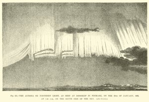 Das Nordlicht, wie es am 19. Januar 1839 um 19:40 Uhr auf der Südseite des Himmels in Bossokop in Finmark zu sehen war