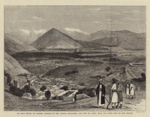 Die Bala Hissar, derzeit von afghanischen Aufständischen belagert, und die Stadt Kabul, vom oberen Teil der Zitadelle aus von English School