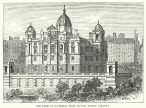 Die Bank von Schottland, von Princes Street Gardens (Stich) von English School