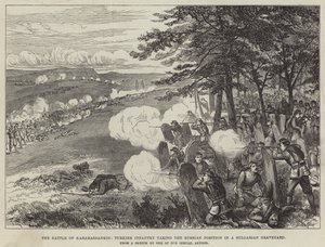 Die Schlacht von Karahassankoi, türkische Infanterie erobert die russische Stellung auf einem bulgarischen Friedhof (Stich) von English School