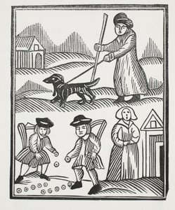 Der Bettler reist mit seinem Hund, bringt viel Reichtum nach Hause, mit dem er den Ritter übertrifft und seine Tochter zu ihrem Vergnügen heiratet, Illustration aus Chap-books des achtzehnten Jahrhunderts von English School
