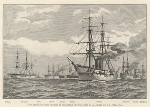 Das britische Geschwader kreuzt im Mosambik-Kanal unter Konteradmiral Sir E R Fremantle (Stich) von English School