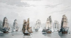 Das britische Geschwader unter dem Kommando von Kapitän Charles Marsh Schomberg und das französische Geschwader unter dem Kommando von Commodore Roquebert, in der Flaute kurz nach Beginn der Aktion vor Madagaskar, 20. Mai 1811 von English School