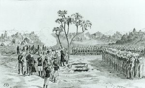 Das Begräbnis von General Earle und den Obersten Eyre und Coveney in Kirbekan, aus The Campaign of the Cataracts von General William Francis Butler, veröffentlicht 1887