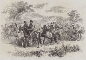 Die Burke und Wills Australische Erkundungsexpedition, Abreise der Expedition aus dem Royal Park, Melbourne, 20. August 1860 (Stich) von English School