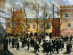 Der brennende Busch am oberen Ende der Common Lane, mit Blick auf die neuen Schulen, Eton College, ca. 1935 von English School