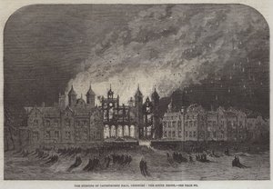 Der Brand von Capesthorne Hall, Cheshire, die Südfront (Stich) von English School