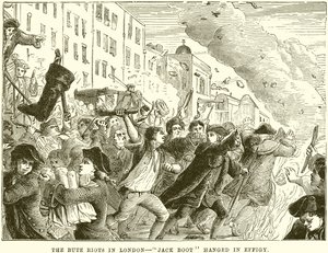 Die Bute-Unruhen in London - Jack Boot als Puppe aufgehängt von English School