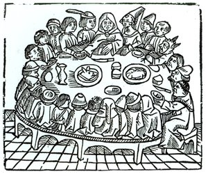 Die Canterbury-Pilger beim gemeinsamen Mahl, Illustration aus Geoffrey Chaucers 