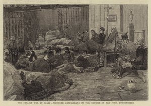 Der Carlistenkrieg in Spanien, verwundete Republikaner in der Kirche von San Juan, Somorrostro (Stich) von English School